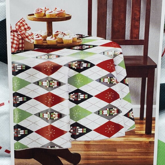 70" Round Vinyl Tablecloth Nutcracker Argyle Christmas Peva Holiday Time - Picture 2 of 6